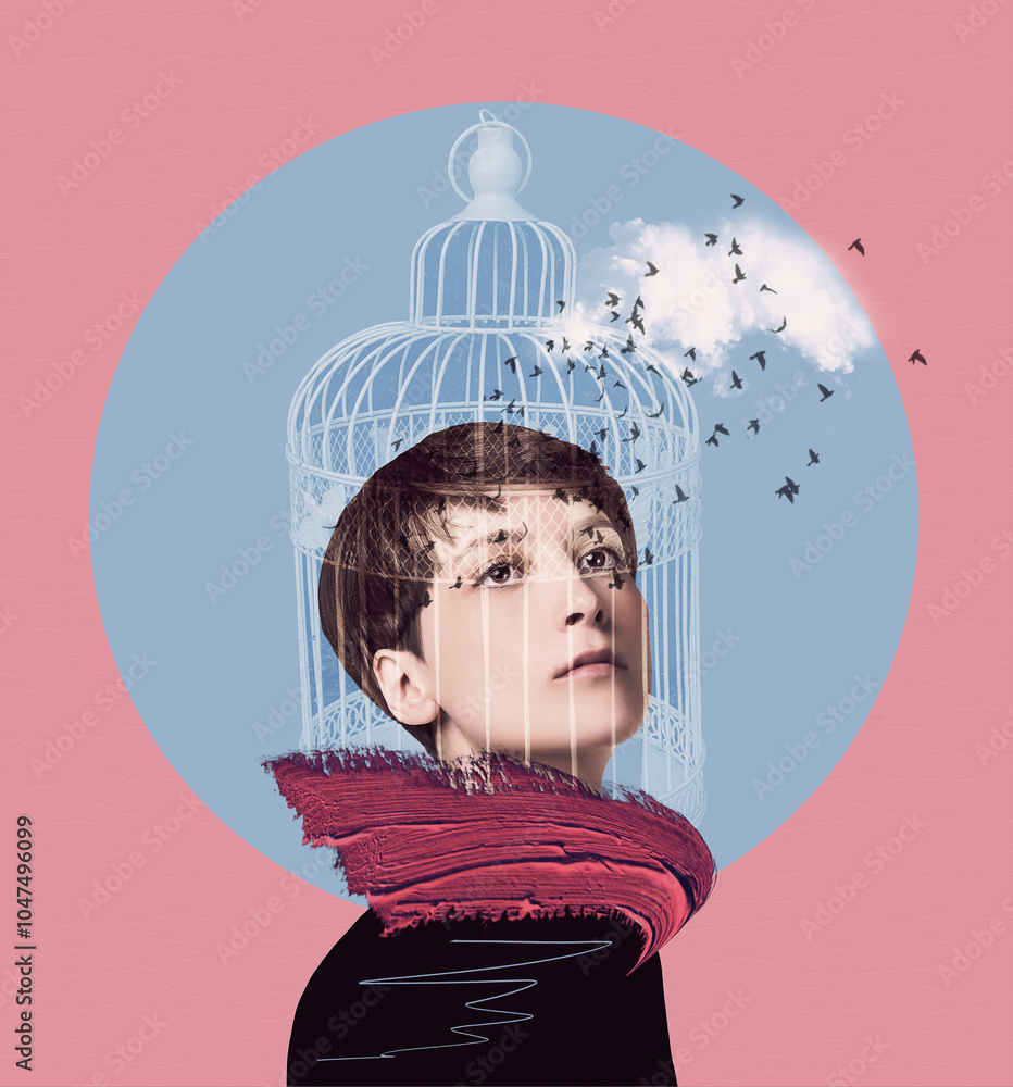 Neuroscience - Bird flying out of the cage on a woman's head in sky background - art collage