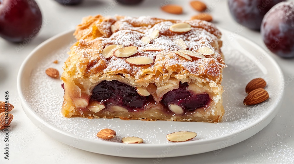 Plum and almond strudel with a flaky crust, placed on a white porcelain plate, garnished with fresh plum slices, almond flakes, and a dusting of powdered sugar Plum and almond strudel with a flaky crust, placed on a white porcelain plate, garnished with fresh plum slices, almond flakes, and a dusting of powdered sugar