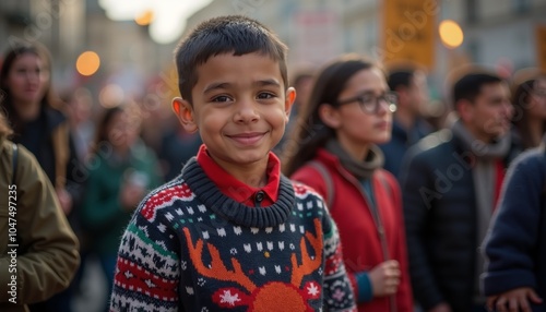 A young boy in a festive sweater smiles during a lively demonstration on a bustling city street in the early evening