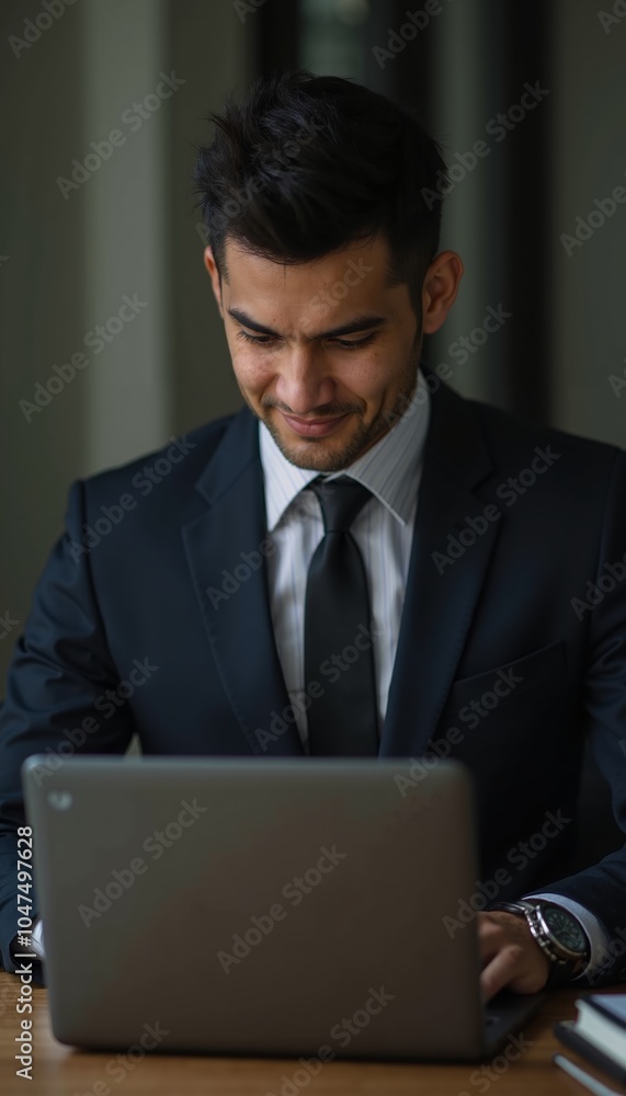 Focused Hispanic professional working diligently on his laptop in a modern office setting during the afternoon Focused Hispanic professional working diligently on his laptop in a modern office setting during the afternoon