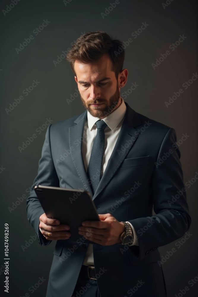 A professional man in a suit stands focused while reading on a tablet in a dimly lit setting during a corporate event A professional man in a suit stands focused while reading on a tablet in a dimly lit setting during a corporate event