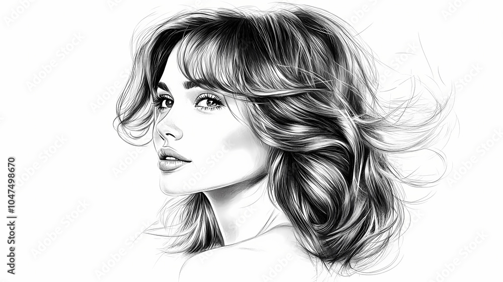 Side-swept bangs, classic style, detailed pencil sketch, grayscale, isolated on white background. Pencil Sketch. Illustration Side-swept bangs, classic style, detailed pencil sketch, grayscale, isolated on white background. Pencil Sketch. Illustration