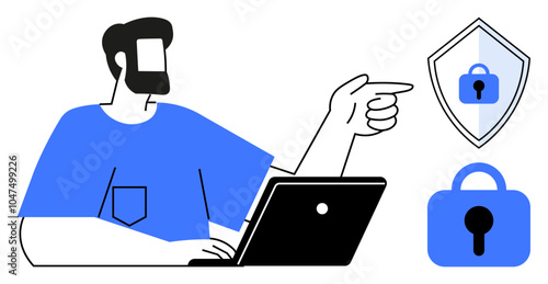 Man working on a laptop points to security-related icons including a shield with a lock and a padlock. Ideal for cybersecurity, online privacy, data protection, internet safety, and digital security