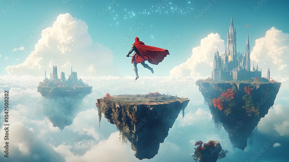 Obraz premium A knight leaping between floating islands in a whimsical dreamscape with pixel clouds in the background