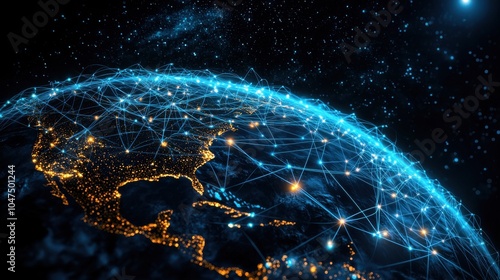 A vibrant digital representation of global connections over North America at night, showcasing bright city lights and network lines