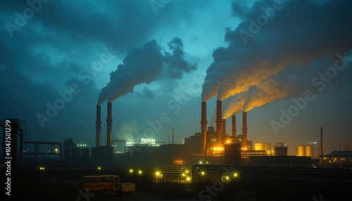 Industrial landscape with emissions at dusk