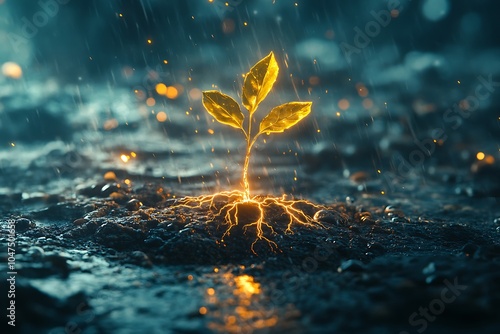A glowing golden plant thrives in the rain, symbolizing hope and resilience.