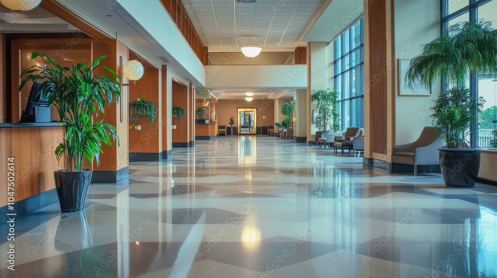 Luxurious hotel lobby featuring elegant decor and ample natural light, inviting guests to relax in a serene atmosphere Luxurious hotel lobby featuring elegant decor and ample natural light, inviting guests to relax in a serene atmosphere
