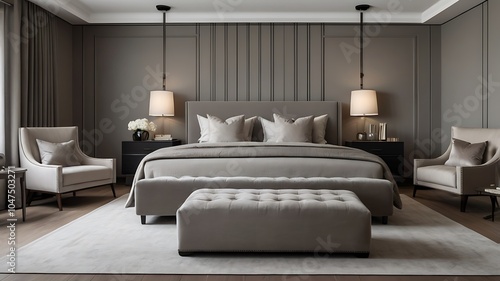 Luxurious Modern Bedroom with Upholstered Bed, Tufted Ottoman, and Elegant Gray Décor – Contemporary Interior Design