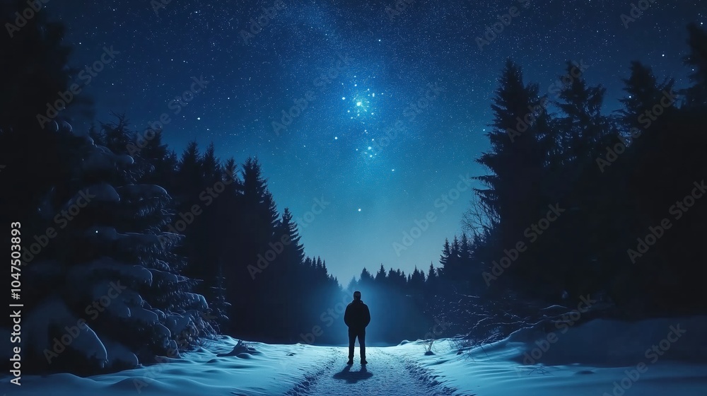 A man stands in the woods at night, looking up at the stars A man stands in the woods at night, looking up at the stars