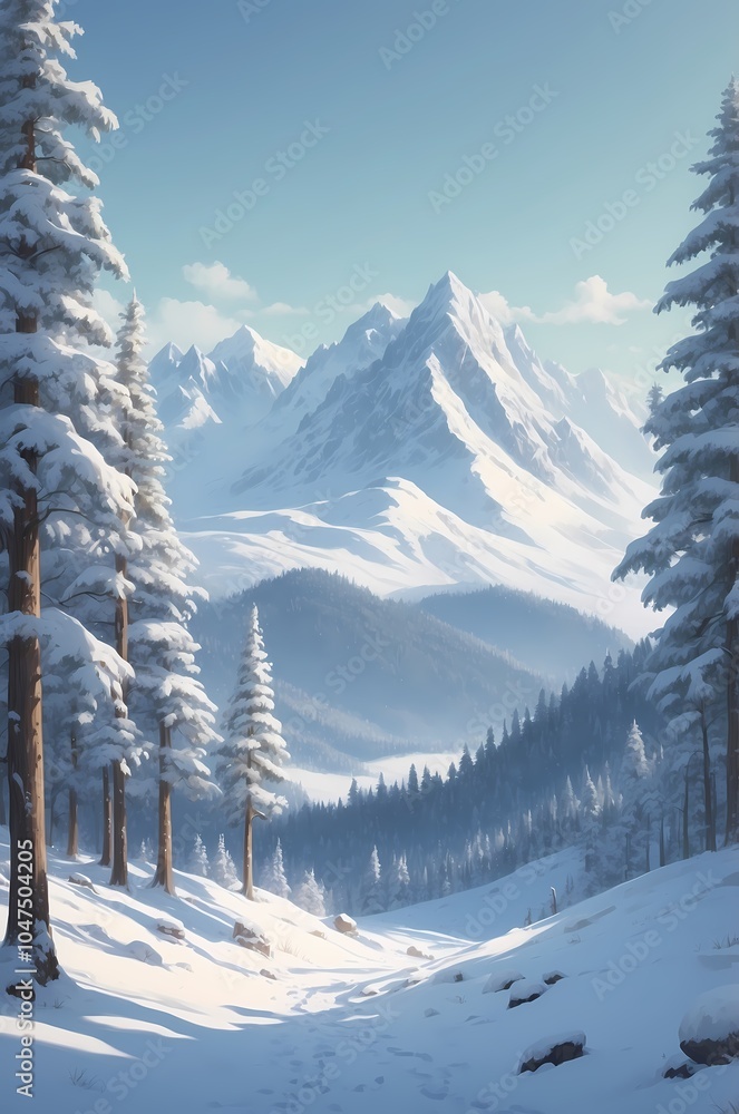 Fototapeta premium erene Winter Valley with Snow-Covered Mountain Peaks