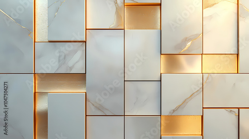 Fototapeta Naklejka Na Ścianę i Meble -  Polished, 3d wall background with tiles. rectangle, tile wallpaper with gold, luxurious blocks. 3d render. Mosaic Tiles. Illustration