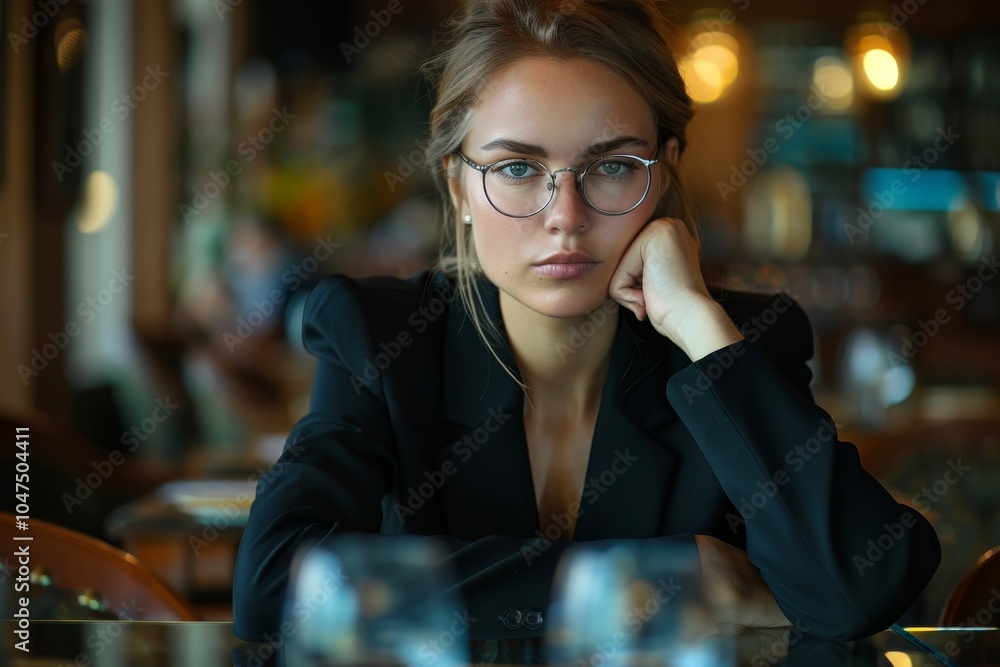 Fototapeta premium Businesswoman looking determined and focused during negotiations,A professional woman in a business suit looks directly at the camera, showcasing her confidence and determination.