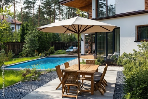 A patio with a pool and a large umbrella