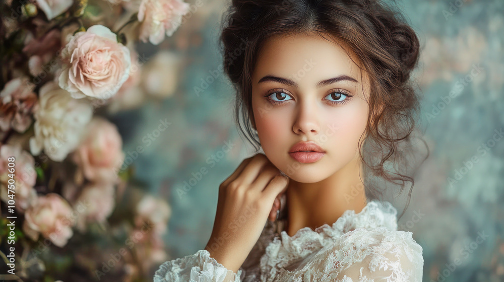 Elegant model showcasing luxury attire against a backdrop of soft roses in a beautifully styled indoor setting during daylight Elegant model showcasing luxury attire against a backdrop of soft roses in a beautifully styled indoor setting during daylight