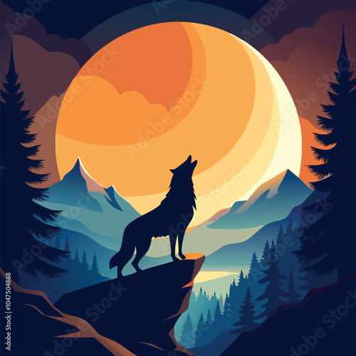 Wolf Howling Under a Full Moon in Mountain Landscape Vector Illustration