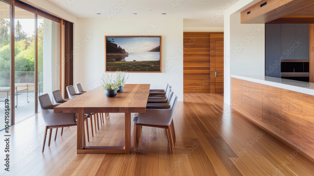 Modern wooden dining room featuring a sleek table and elegant chairs with large windows allowing natural light to flood the space Modern wooden dining room featuring a sleek table and elegant chairs with large windows allowing natural light to flood the space