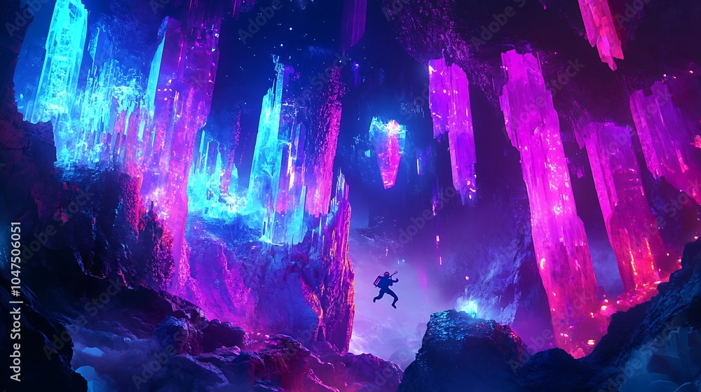 A pixelated adventurer jumping between platforms in a crystal cave filled with glowing neon colors A pixelated adventurer jumping between platforms in a crystal cave filled with glowing neon colors