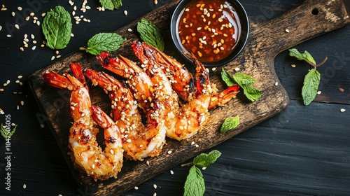 Crispy sesame prawn toast, placed on a dark wooden background, garnished with sesame seeds, sweet chili sauce, and decorative mint leaves photo