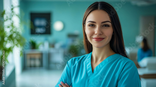 young white female medical worker against the background of a hospital