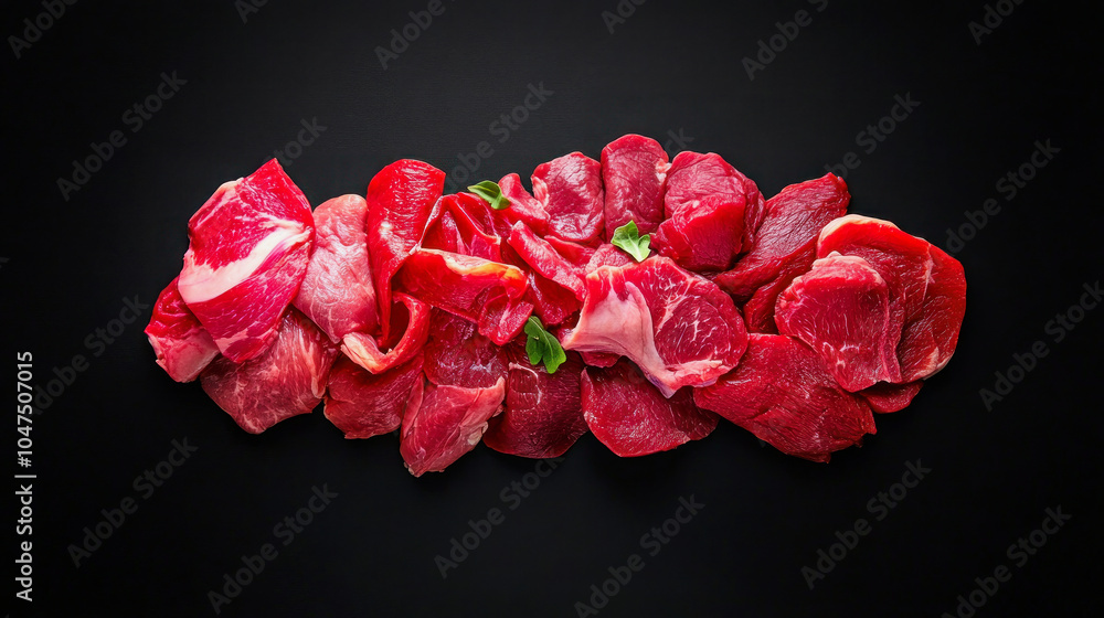 Freshly sliced raw beef arranged neatly on a dark background, showcasing its rich color and texture for culinary inspiration Freshly sliced raw beef arranged neatly on a dark background, showcasing its rich color and texture for culinary inspiration