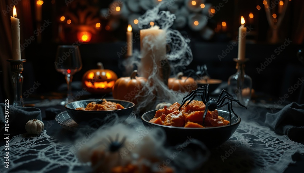Spooky halloween feast with pumpkins and candles Spooky halloween feast with pumpkins and candles