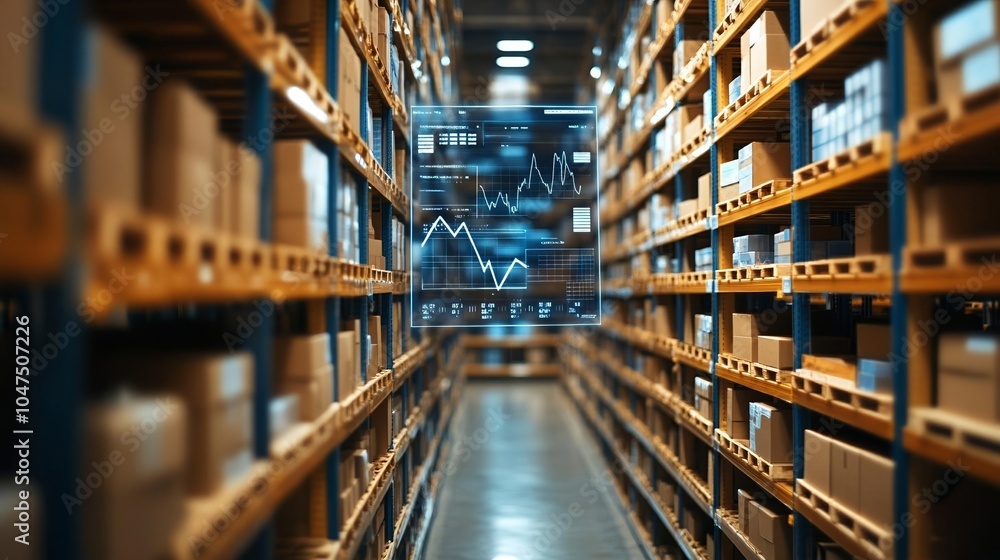 Warehouse filled with shelves and AR projections, digital charts and analytics overlaying the scene, symbolizing the future of supply chain management Warehouse filled with shelves and AR projections, digital charts and analytics overlaying the scene, symbolizing the future of supply chain management