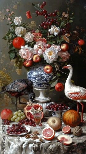 opulent still life featuring fruits, flowers, exotic birds, baroque-inspired composition rich in detail and luxury, for classical art enthusiasts