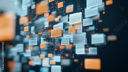 Abstract visualization of documents floating in a digital space, AI algorithms processing data, emphasizing advanced document analysis and automation technology