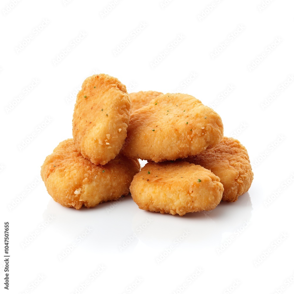 Golden Crispy Chicken Nuggets Stacked: Delicious Snack on White Background Golden Crispy Chicken Nuggets Stacked: Delicious Snack on White Background