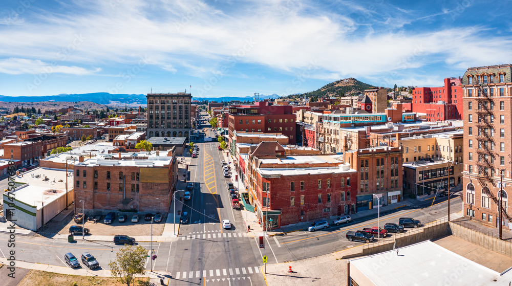 Aerial panorama of Butte, Montana along Park street. Butte is a consolidated city-county and the county seat of Silver Bow County, Montana, United States.