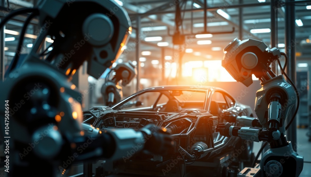 Fototapeta premium Robots assembling a car in a modern factory