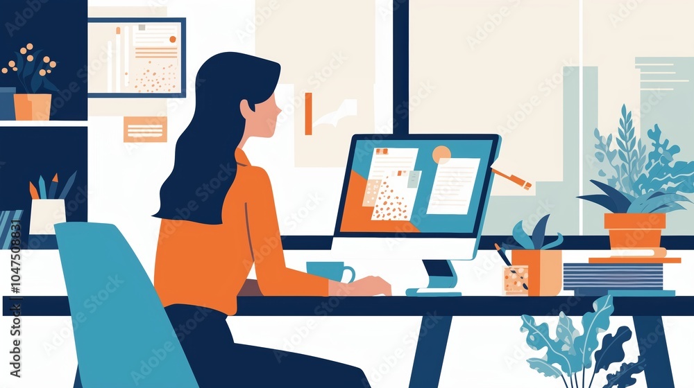Woman working at a modern home office desk Woman working at a modern home office desk