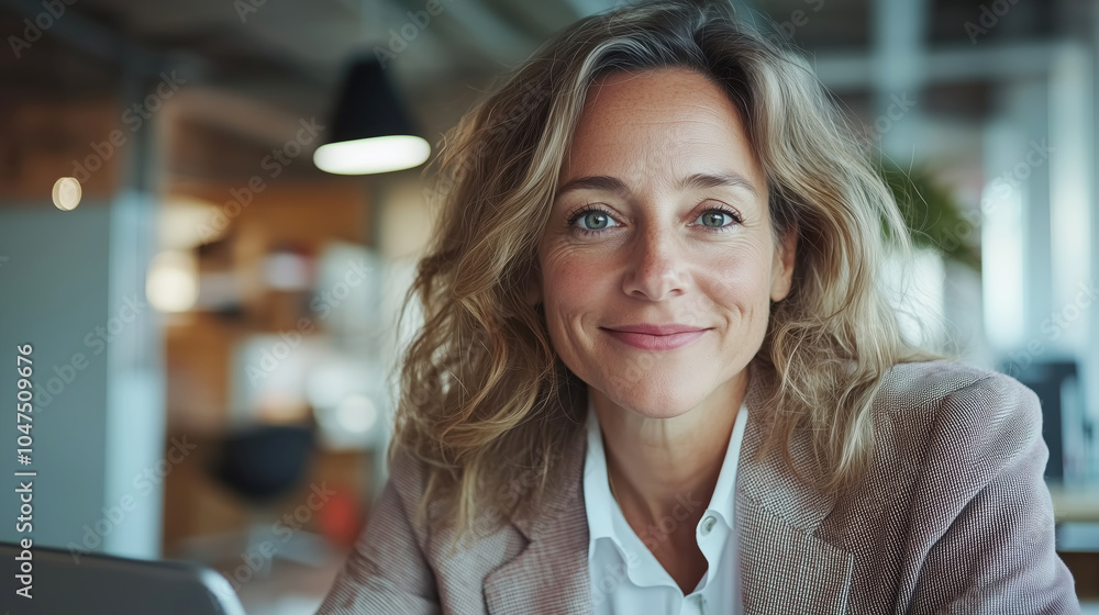 Confident businesswoman smiling in modern office setting Confident businesswoman smiling in modern office setting
