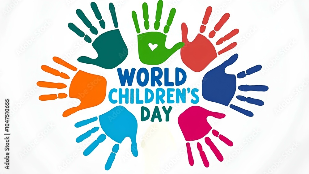 A festive banner with multi-coloured children's handprints and the text ‘WORLD CHILDREN'S DAY’. Concept for World Children's Day in support of children's rights and protection. A festive banner with multi-coloured children's handprints and the text ‘WORLD CHILDREN'S DAY’. Concept for World Children's Day in support of children's rights and protection.