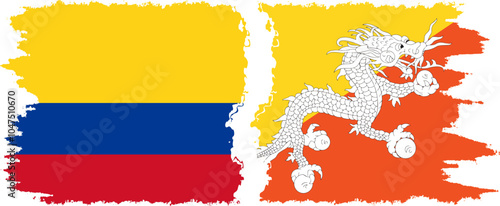 Bhutan and Colombia grunge flags connection, vector