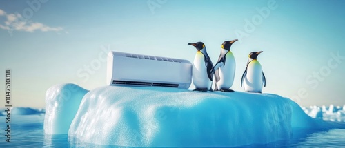 Three penguins stand on an ice floe beside an air conditioner in a surreal winter scene.