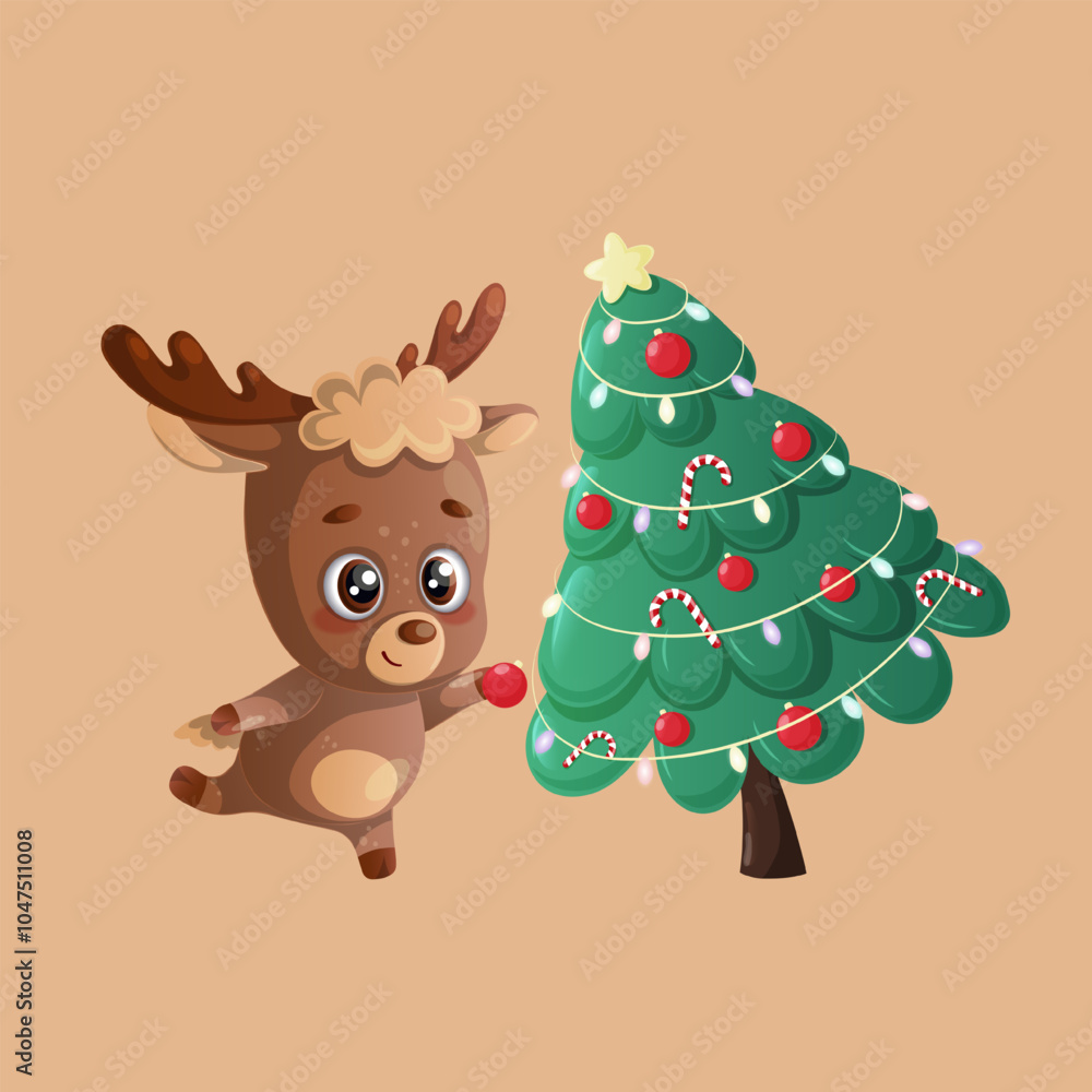 Funny happy cute deer is decorating the Christmas tree. Design of a Christmas card, banner, flyer with cartoon vector illustration Funny happy cute deer is decorating the Christmas tree. Design of a Christmas card, banner, flyer with cartoon vector illustration