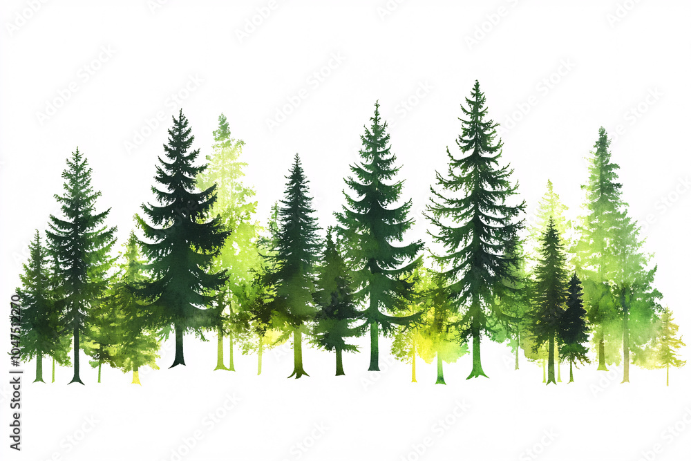 Fototapeta premium Watercolor illustration of green pine trees in various shades of green on a white background with a soft natural style 