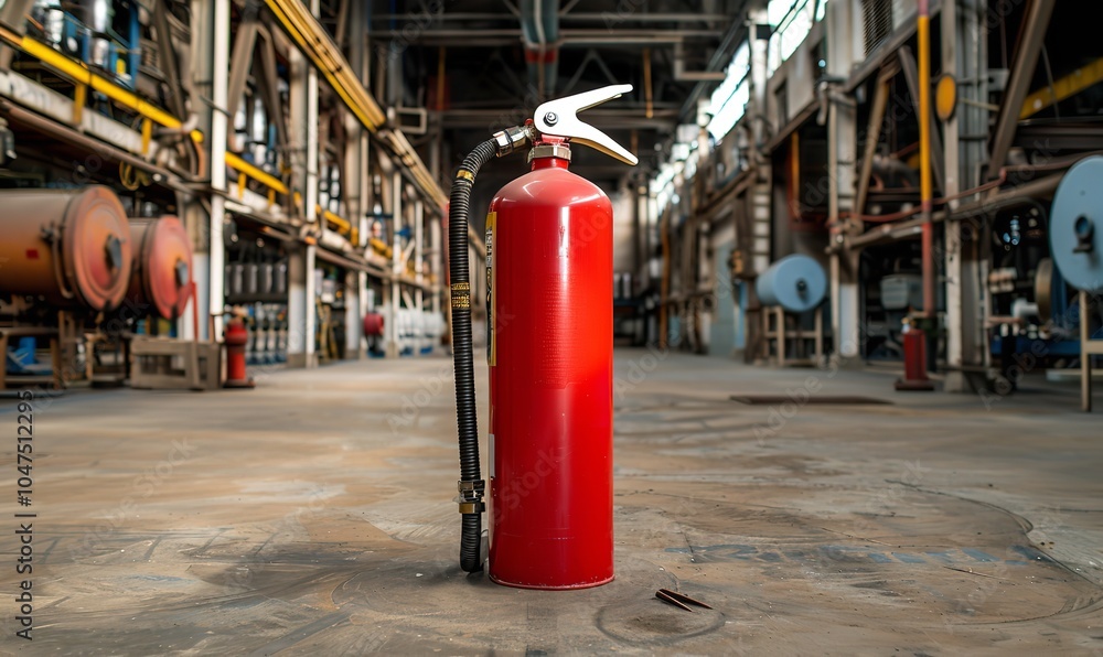 custom made wallpaper toronto digitalAn industrial area has a bright red fire extinguisher conspicuously displayed as a statement of emergency preparedness and safety, Generative AI.