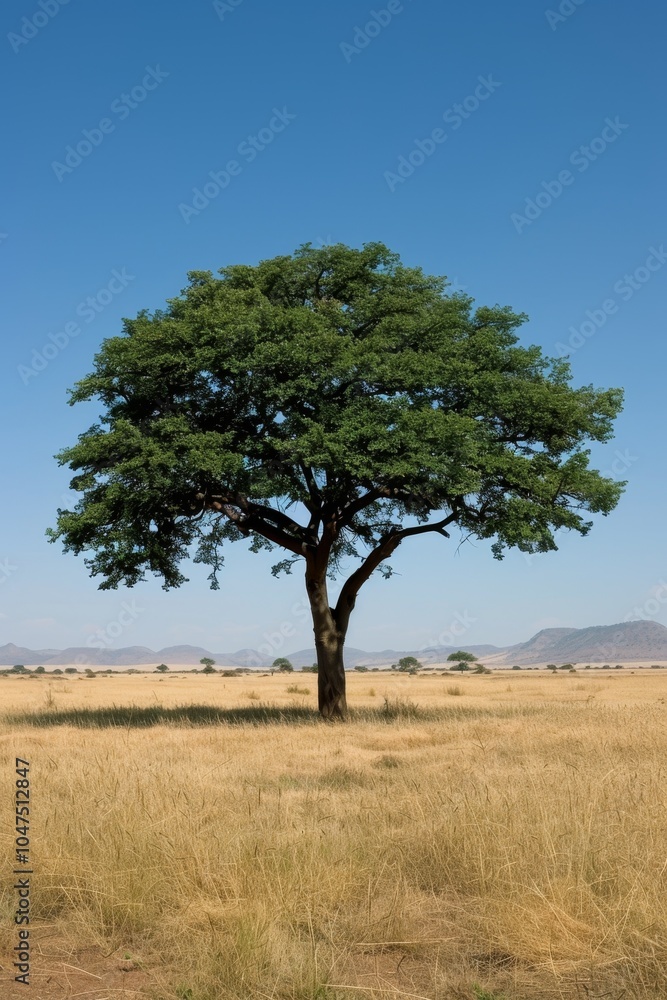 Obraz premium striking image of lone tree standing tall in vast savanna under clear blue sky, strength and endurance in simplicity of nature