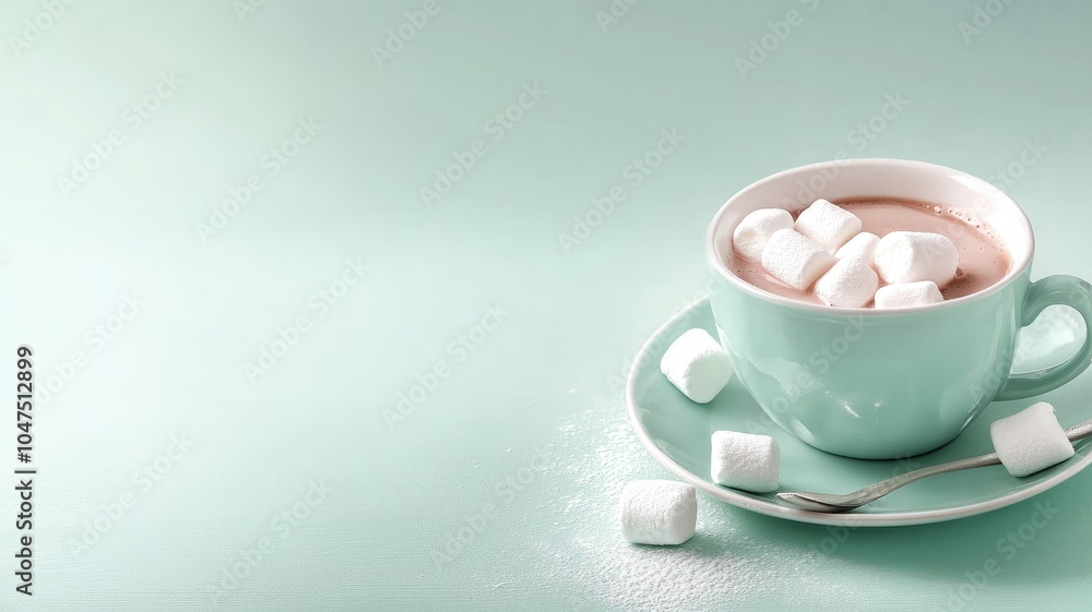 Warm beverage in teal cup with marshmallows