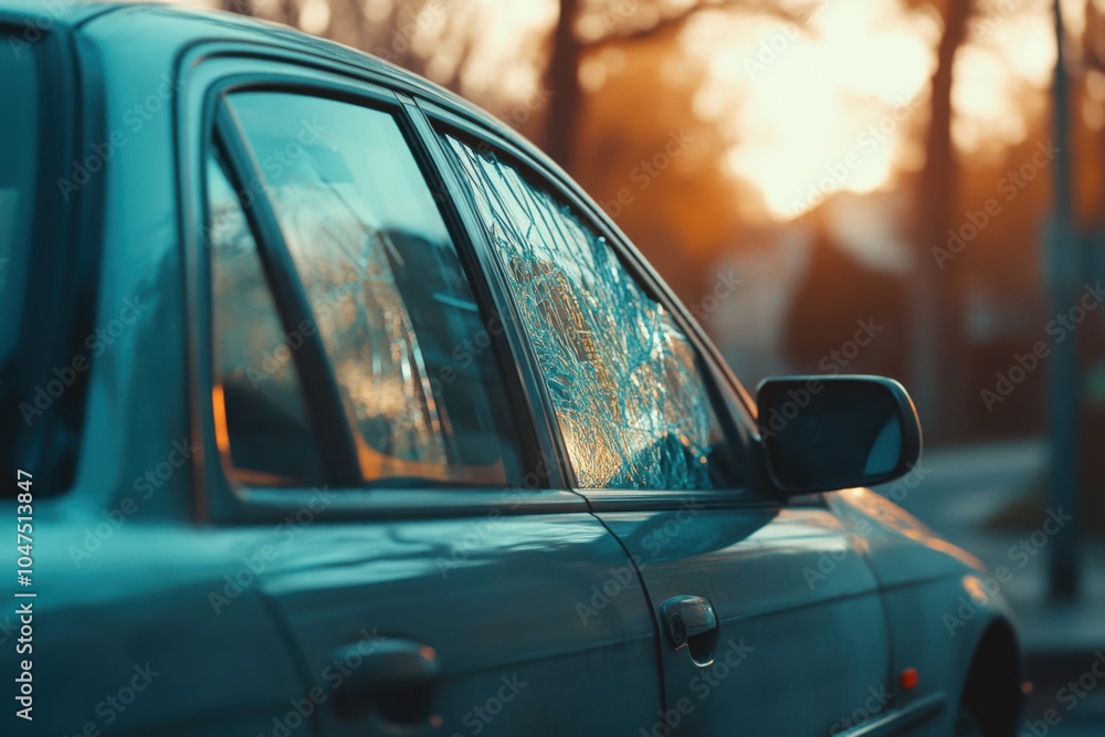 modern car with broken window is captured in warm glow of sunset, highlighting contrast between vehicles sleek design and damage. scene evokes sense of neglect and loss modern car with broken window is captured in warm glow of sunset, highlighting contrast between vehicles sleek design and damage. scene evokes sense of neglect and loss