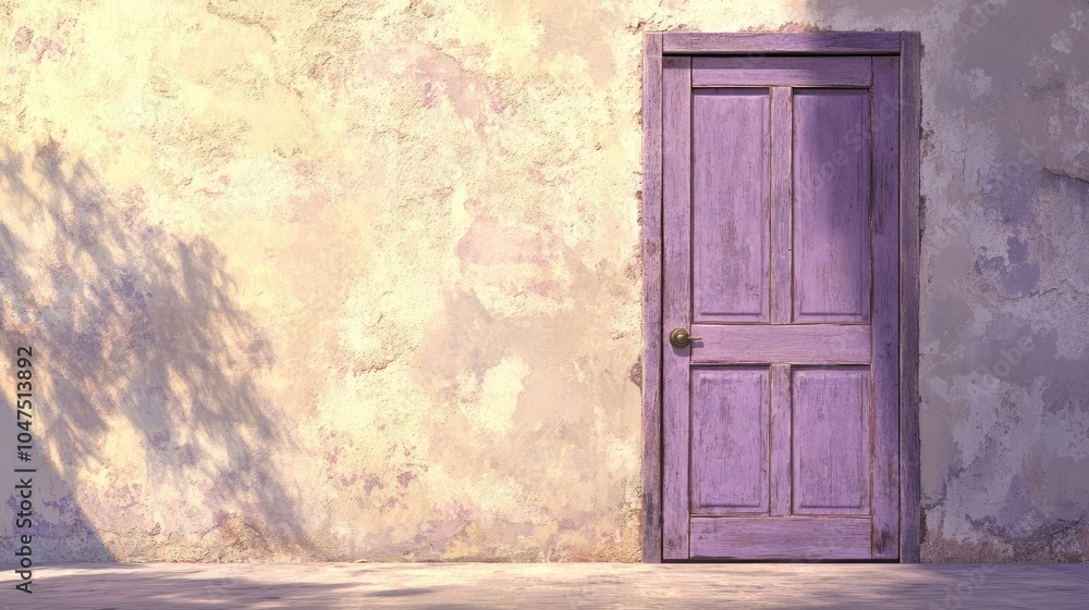 Fototapeta premium Weathered purple door against textured old wall