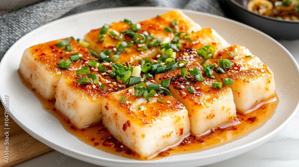 Pan-fried turnip cakes (lo bak go) on a white porcelain plate, garnished with green onions, chili oil, and slices of preserved turnip Pan-fried turnip cakes (lo bak go) on a white porcelain plate, garnished with green onions, chili oil, and slices of preserved turnip