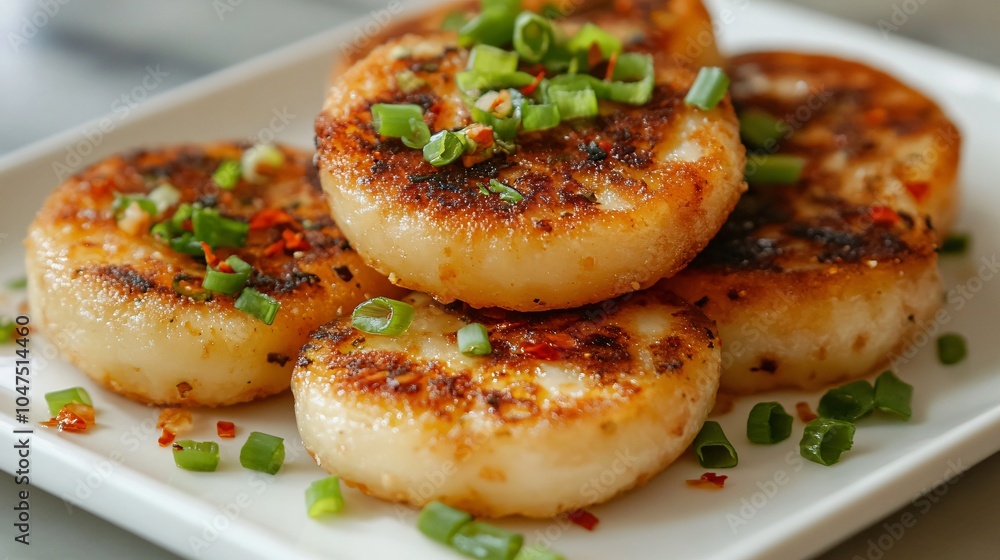 Pan-fried turnip cakes (lo bak go) on a white porcelain plate, garnished with green onions, chili oil, and slices of preserved turnip Pan-fried turnip cakes (lo bak go) on a white porcelain plate, garnished with green onions, chili oil, and slices of preserved turnip