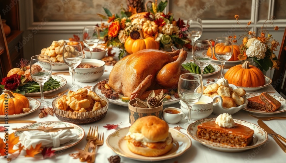 Naklejka premium Festive thanksgiving feast with autumn decor