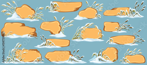 Marsh reed under snow. Swamp cattails winter. Broken weed and snowdrifts. Set isolated wooden cartoon game panels, boards for covers, banners, notebooks, games. Vector signboards in the snowdrifts.