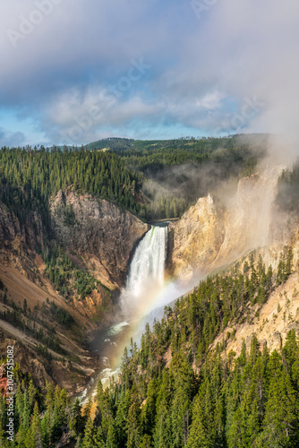 Yellowstone National Park from the Lookout Point North Rim Trail with view of a rainbow at the Lower Falls at Grand Canyon of the Yellowstone river	 photo