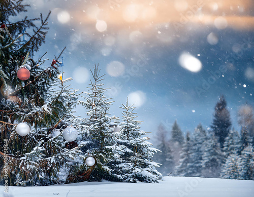 Snowflakes gently fall on a winter landscape adorned with spruce branches as festive Christ_1(623) photo